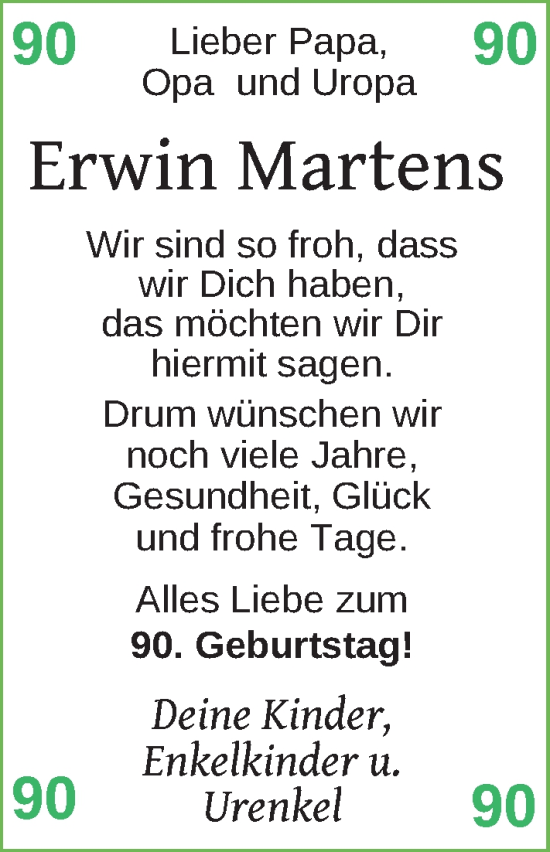 Glückwunschanzeige von Erwin Martens von BM