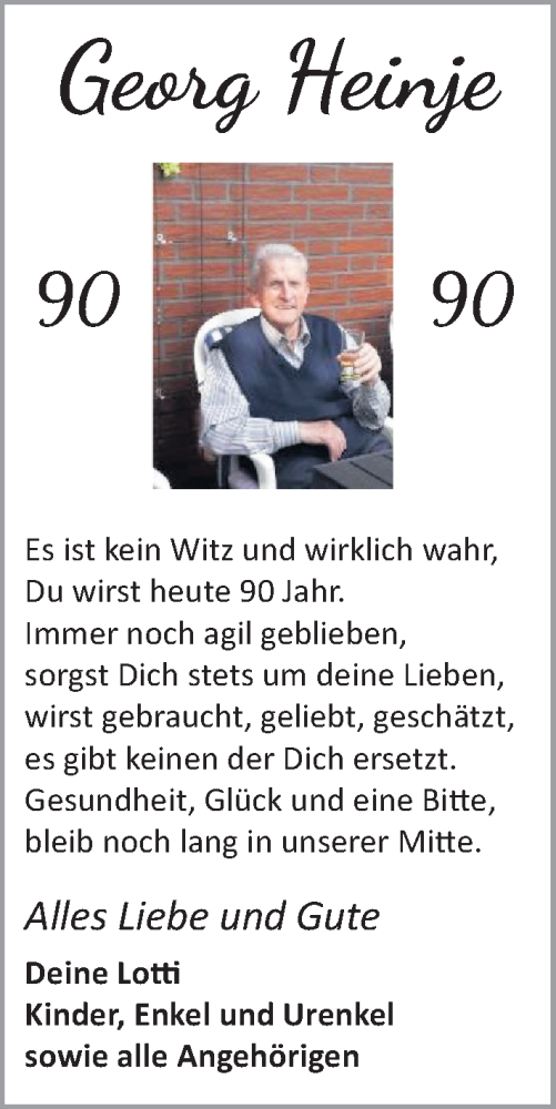 Glückwunschanzeige von Georg Heinje von Nordwest-Zeitung