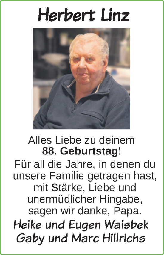 Glückwunschanzeige von Herbert Linz von Nordwest-Zeitung