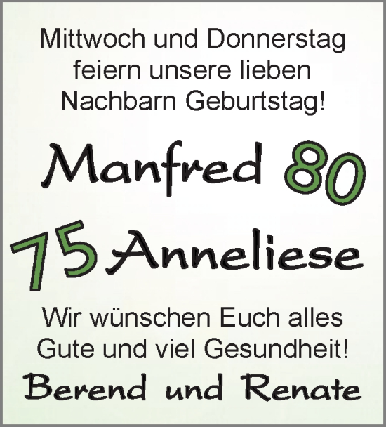 Glückwunschanzeige von Mannfred und Anneliese  von EZ