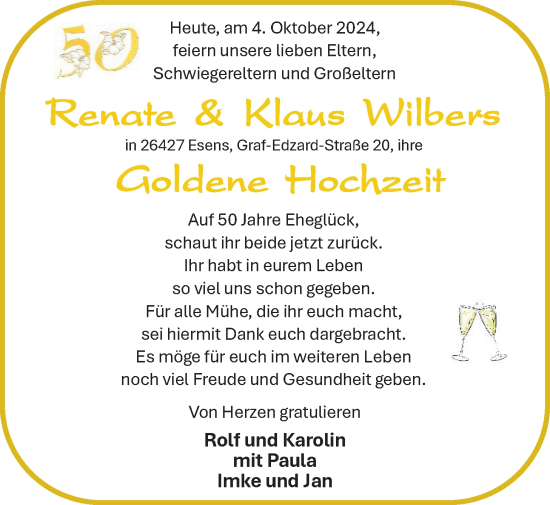 Glückwunschanzeige von Renate und Klaus  Wilbers von BM