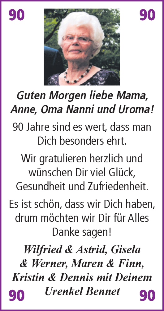 Glückwunschanzeige von Zum 90. Geburtstag  von Nordwest-Zeitung