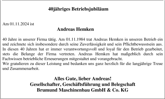 Glückwunschanzeige von Andreas Hemken von Nordwest-Zeitung