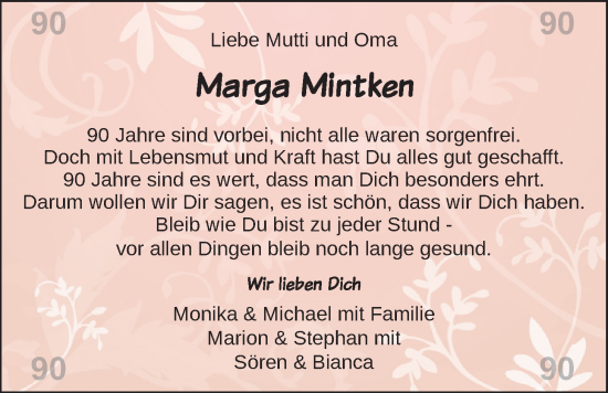 Glückwunschanzeige von Marga Mintken von BM