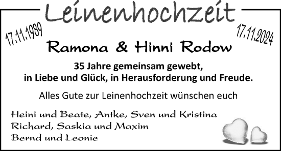 Glückwunschanzeige von Ramona und Hinni Rodow von EZ